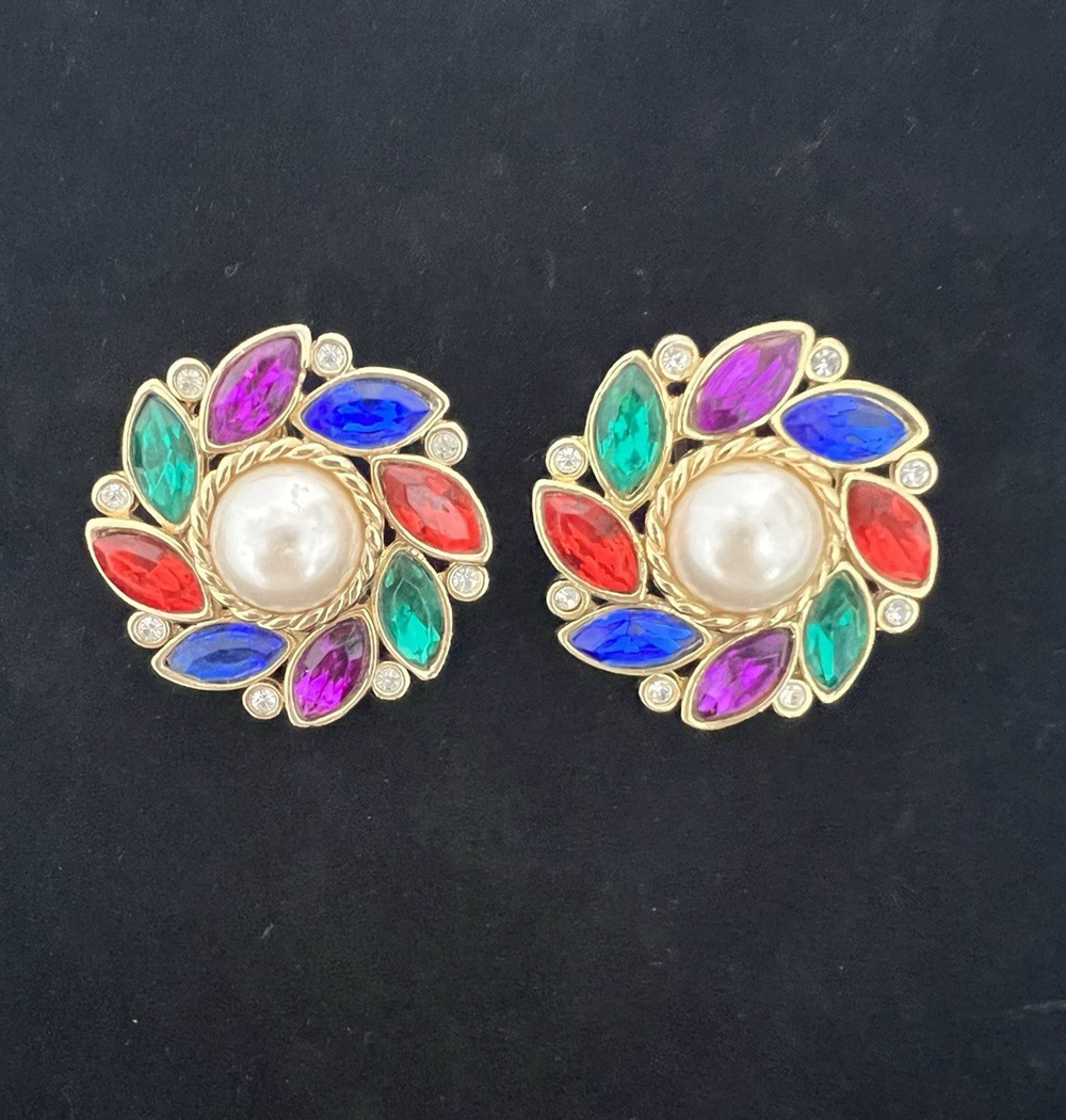 LADY REMINGTON Marquise Rhinestone Faux Pearl Earrings Gold Tone Vintage